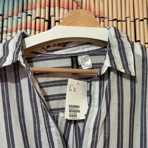 H&M V-Neck 100% Cotton Woven Striped Tunic Shirt, White & Blue with Pink, 12 - Picture 3 of 15
